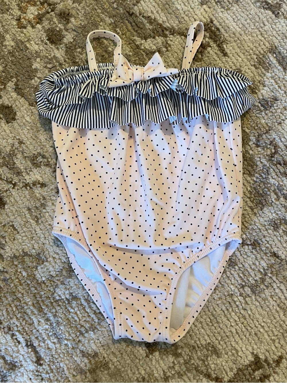 Janie and Jack Pink Polka Dot One-Piece Swimsuit with Black Stripe Ruffle
